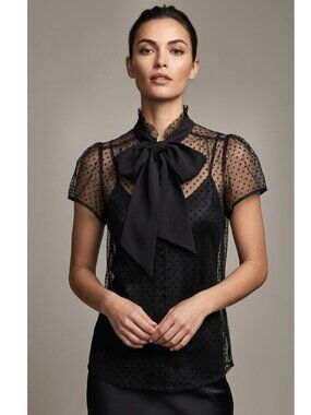 Marc Jacobs Flocked Polka Dot Mesh Tie-Neck Blouse, Black, Womens Size 4